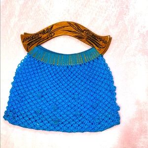 Straw Rattan Clutch women bag size M Turquoise color with wood double handle
